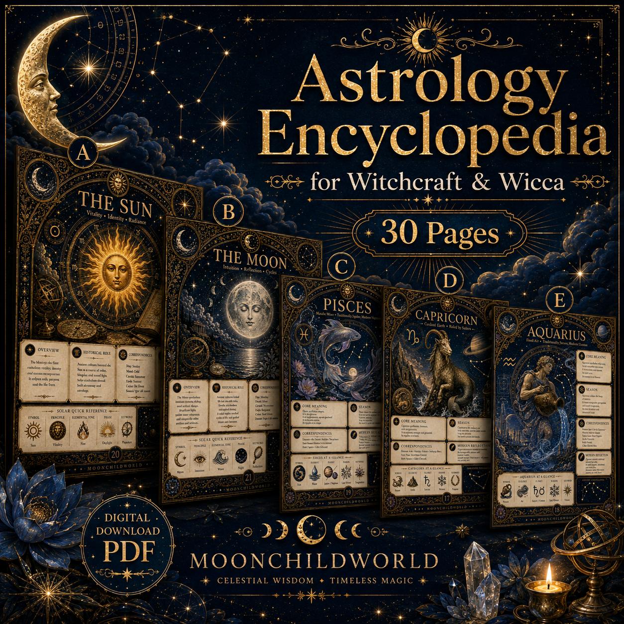 Astrology encyclopedia pages in midnight blue and gold with celestial illustrations for a printable Book of Shadows.