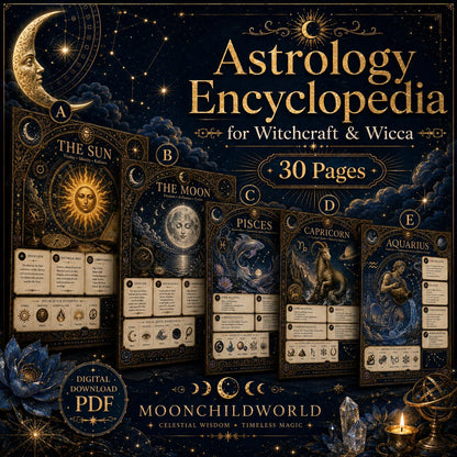 Astrology encyclopedia pages in midnight blue and gold with celestial illustrations for a printable Book of Shadows.