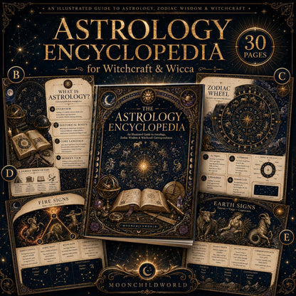Astrology encyclopedia pages with antique gold and midnight blue celestial illustrations, zodiac signs, and planetary charts.