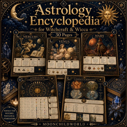 Astrology printable grimoire pages featuring antique gold celestial illustrations on midnight blue backgrounds for witchcraft.