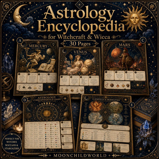 Astrology printable grimoire pages featuring antique gold celestial illustrations on midnight blue backgrounds for witchcraft.