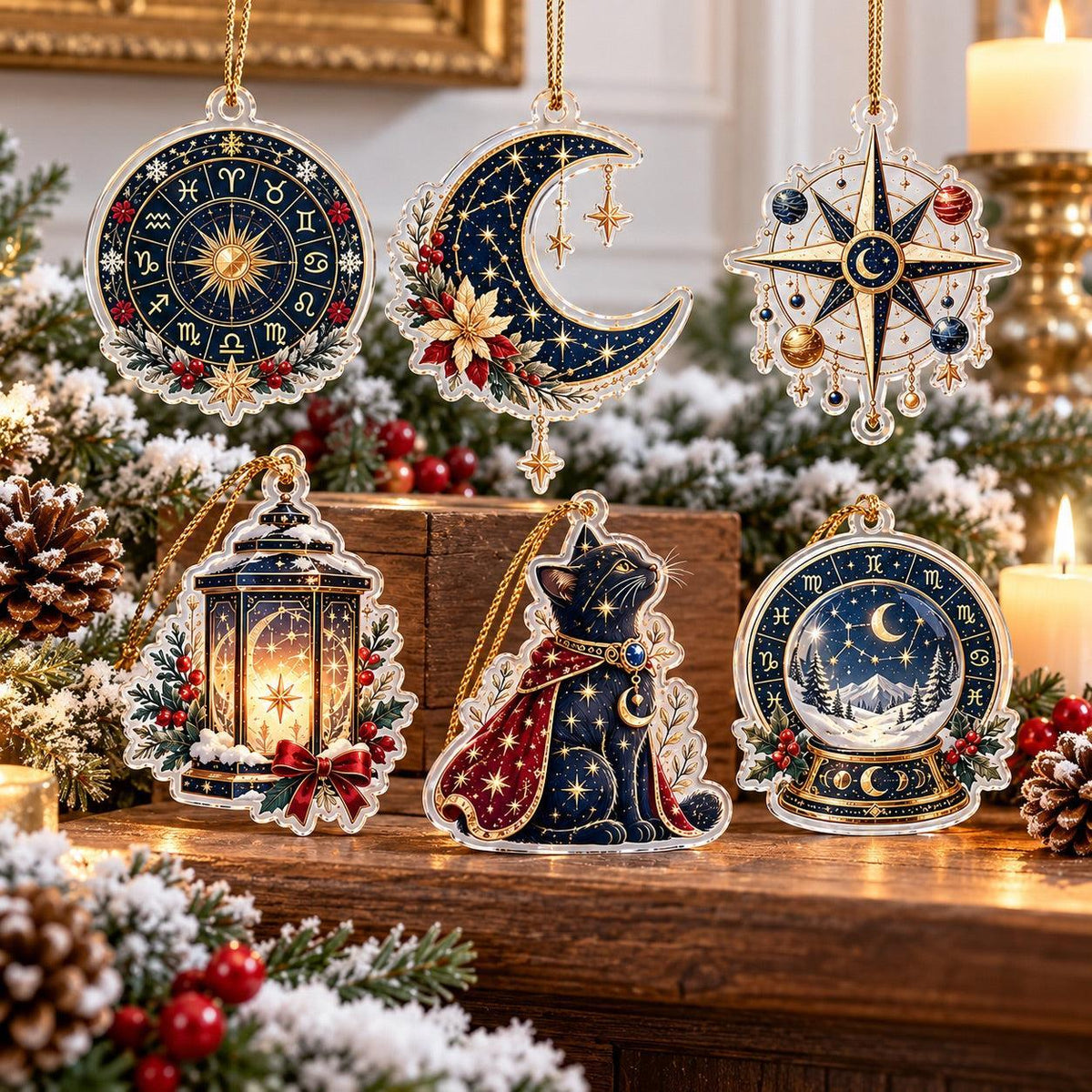 Astrology Star Map Acrylic Ornament Set – Zodiac Christmas Decor – set of 6, another view