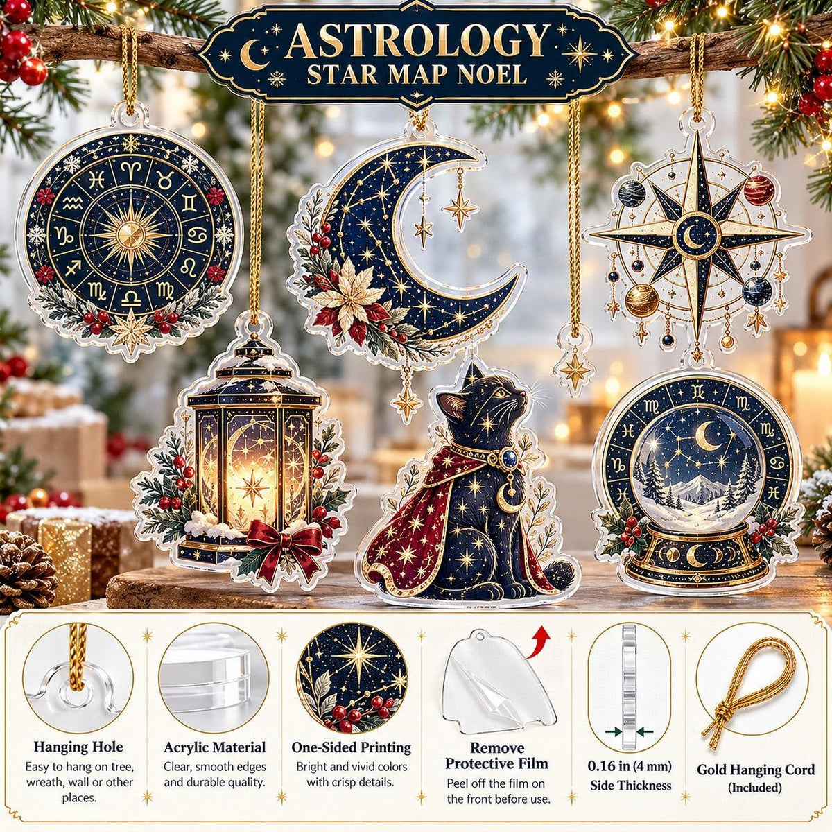 Astrology Star Map Acrylic Ornament Set – Zodiac Christmas Decor – ornament size and details