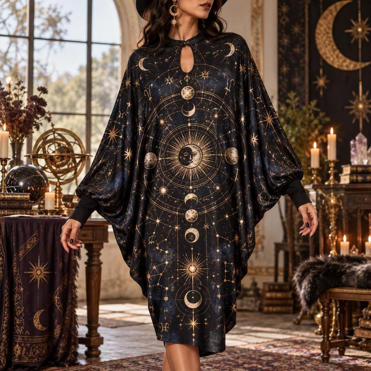 Astrology Star Map Celestial Batwing Dress – Witchy Sun and Moon Midi – worn, front view