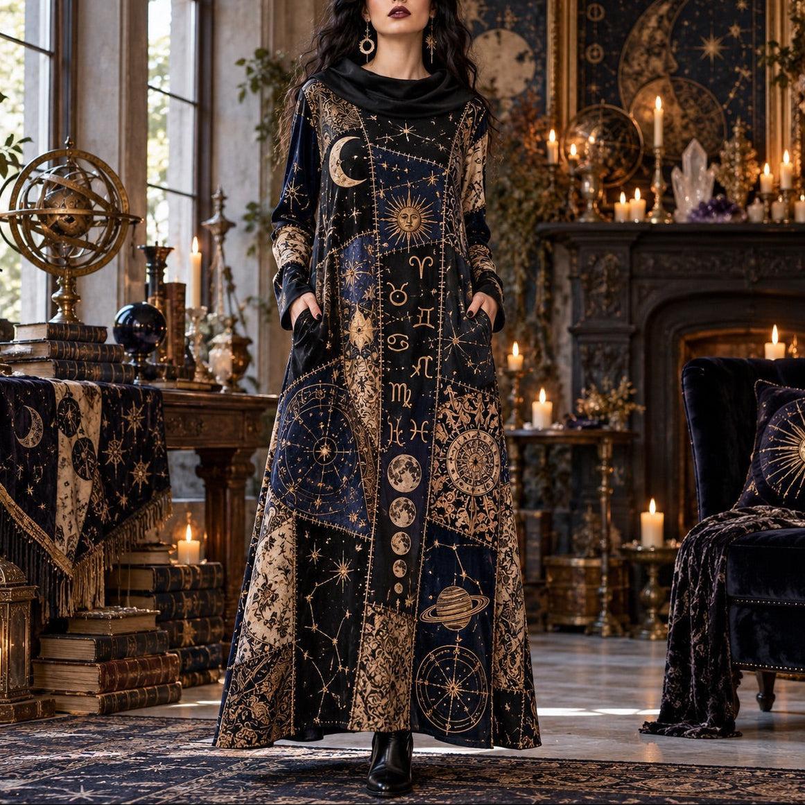 Astrology Star Map Celestial Cowl Neck Dress – Zodiac Full Moon Maxi – worn, front view