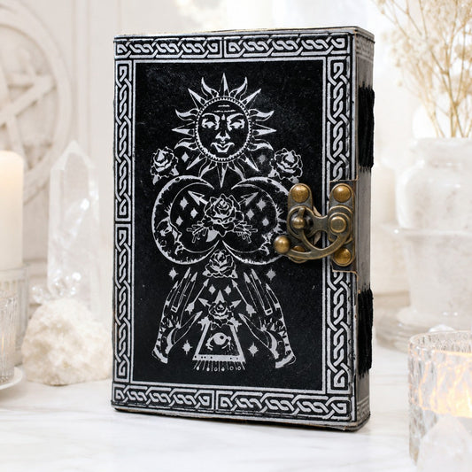 Astronomical Sun Moon Stars Rose Leather Journal – Wiccan Antique Grimoire – leather journal, back cover view