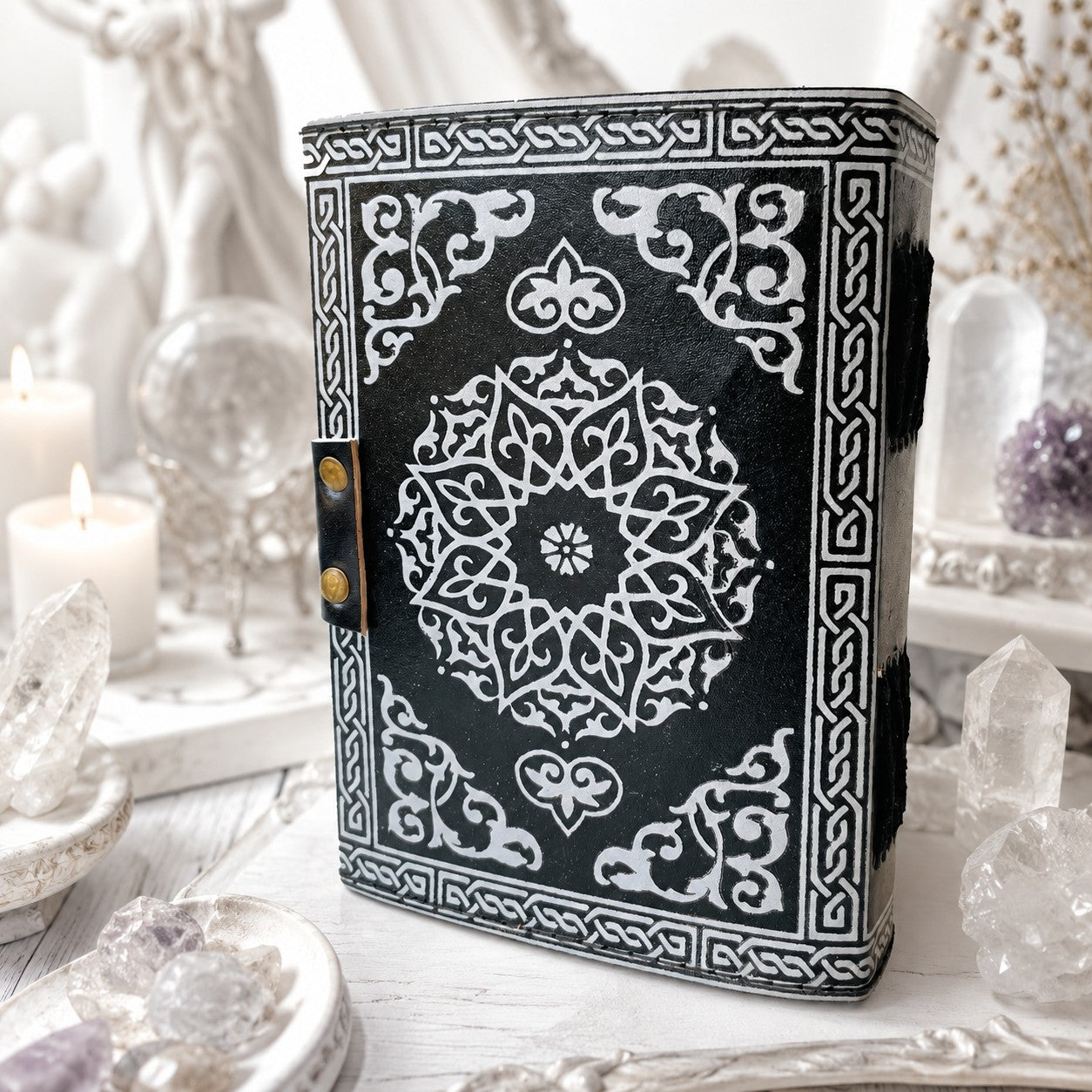 Astronomical Sun Moon Stars Rose Leather Journal – Wiccan Antique Grimoire – leather journal, open blank pages view