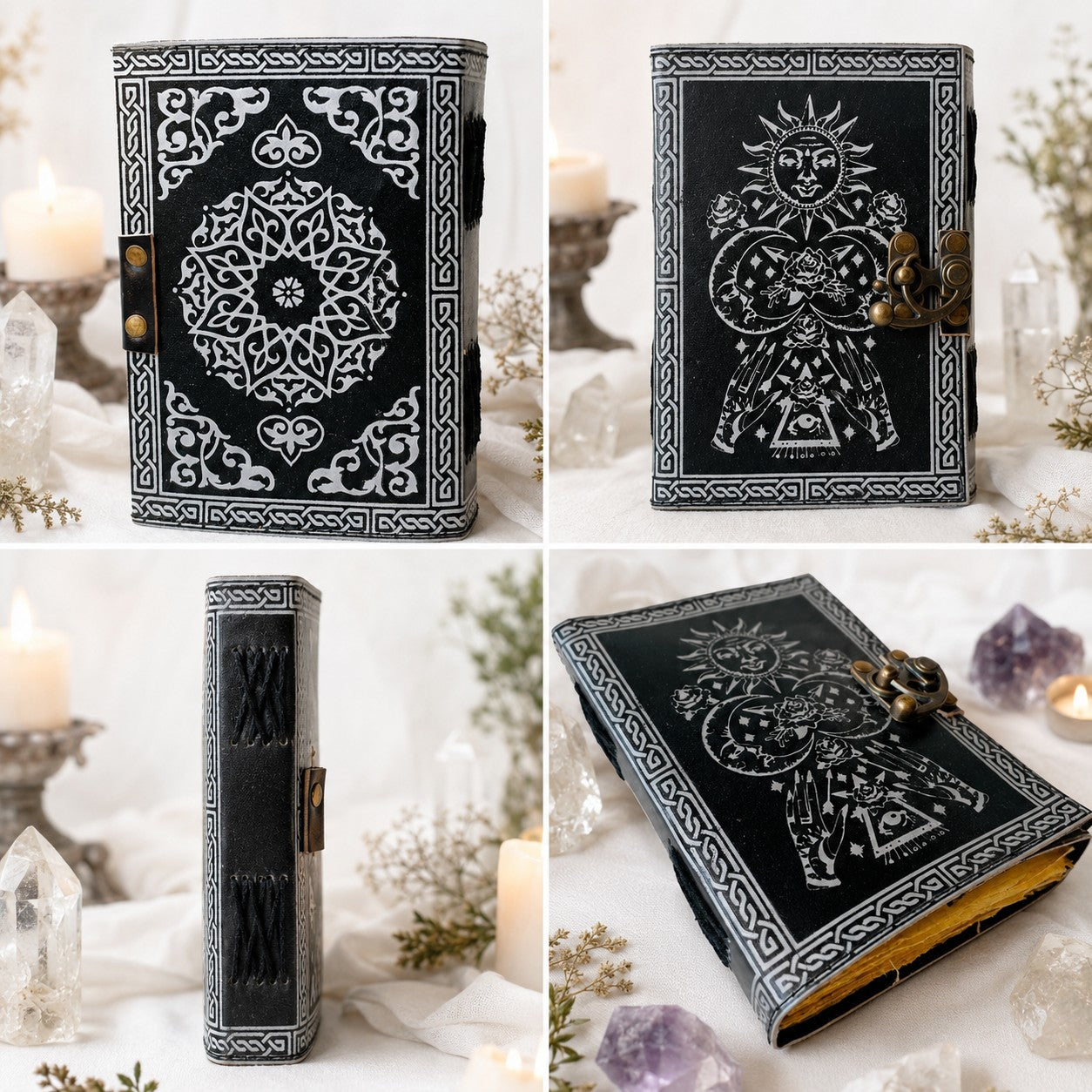 Astronomical Sun Moon Stars Rose Leather Journal – Wiccan Antique Grimoire – leather journal, close-up cover detail