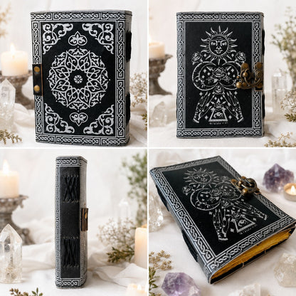 Astronomical Sun Moon Stars Rose Leather Journal – Wiccan Antique Grimoire – leather journal, close-up cover detail