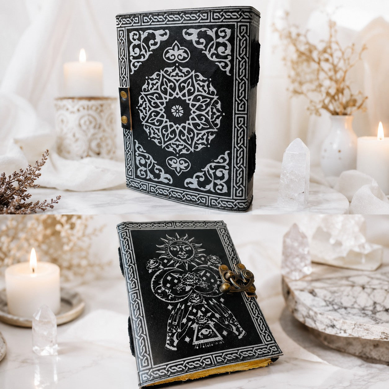 Astronomical Sun Moon Stars Rose Leather Journal – Wiccan Antique Grimoire – leather journal, size and scale view