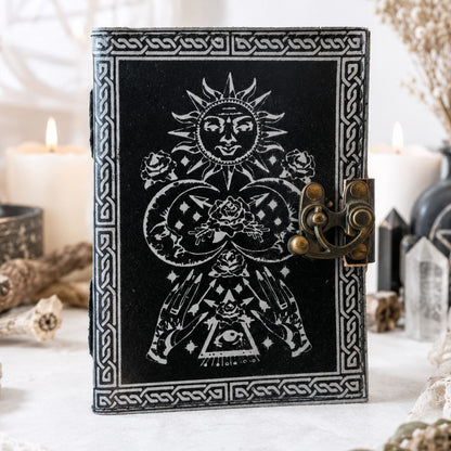 Astronomical Sun Moon Stars Rose Leather Journal – Wiccan Antique Grimoire – leather journal, front cover view