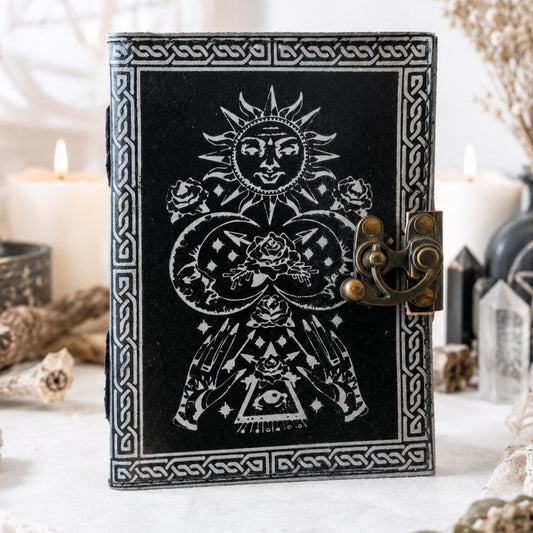 Astronomical Sun Moon Stars Rose Leather Journal – Wiccan Antique Grimoire – leather journal, front cover view