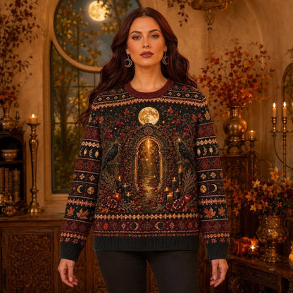 Autumn Arch Sweater Raven Harvest Moon Rust Gothic Knit worn, front view