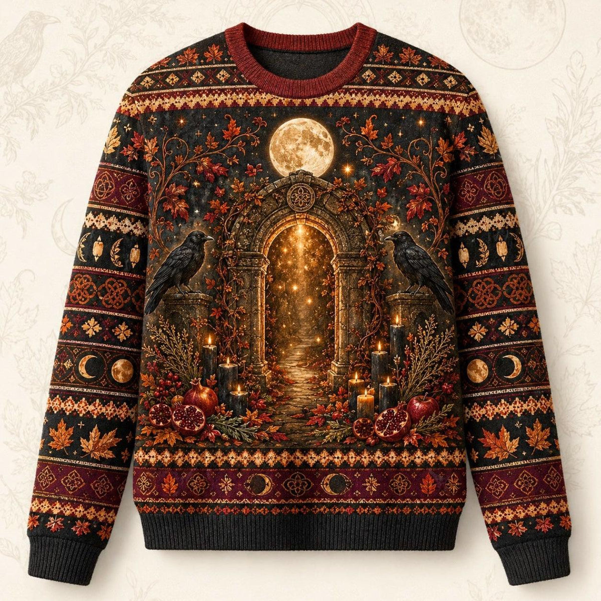 Autumn Arch Sweater Raven Harvest Moon Rust Gothic Knit front view