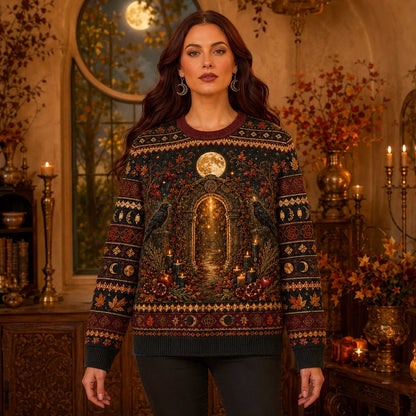 Autumn Arch Sweater Raven Harvest Moon Rust Gothic Knit worn, front view