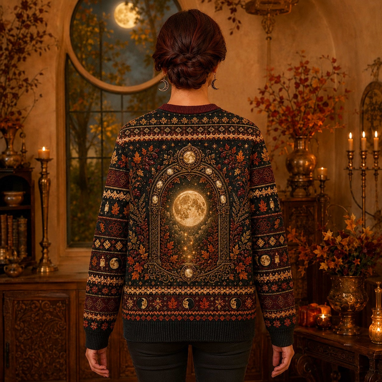 Autumn Arch Sweater Raven Harvest Moon Rust Gothic Knit worn, back view