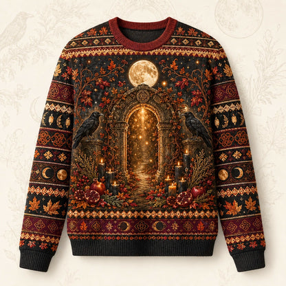 Autumn Arch Sweater Raven Harvest Moon Rust Gothic Knit front view