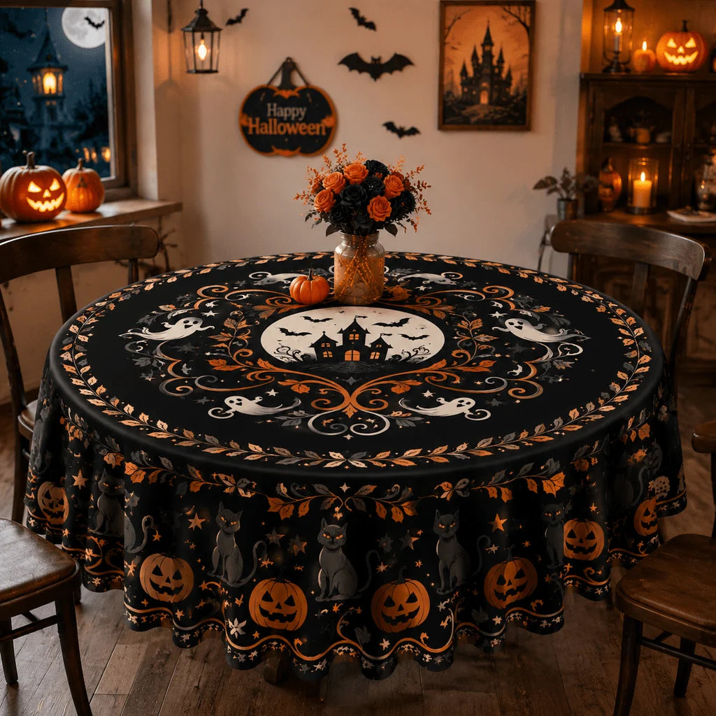 Autumn Halloween Round Tablecloth Witchy Polyester Table Cover-MoonChildWorld