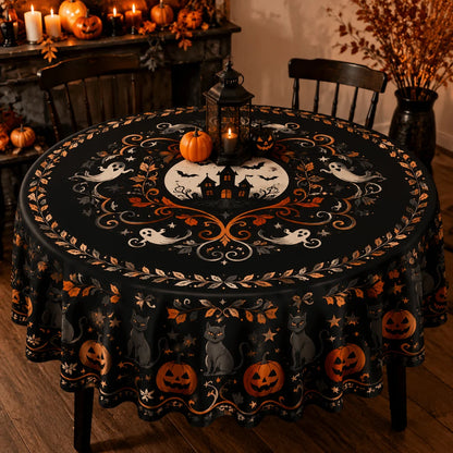 Autumn Halloween Round Tablecloth Witchy Polyester Table Cover-MoonChildWorld