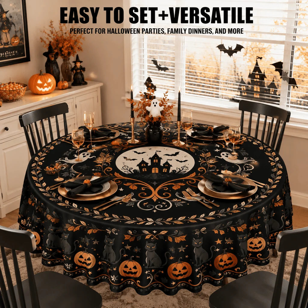Autumn Halloween Round Tablecloth Witchy Polyester Table Cover-MoonChildWorld