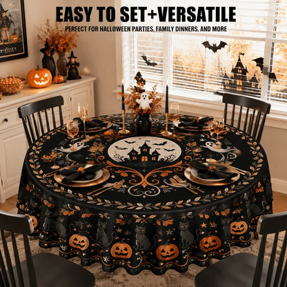 Autumn Halloween Round Tablecloth Witchy Polyester Table Cover-MoonChildWorld