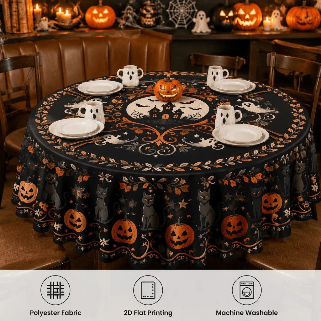 Autumn Halloween Round Tablecloth Witchy Polyester Table Cover-MoonChildWorld