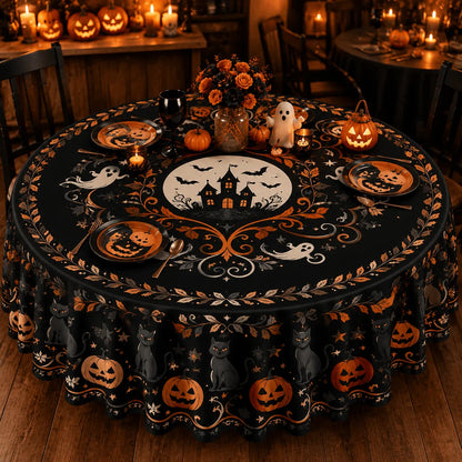 Autumn Halloween Round Tablecloth Witchy Polyester Table Cover-MoonChildWorld