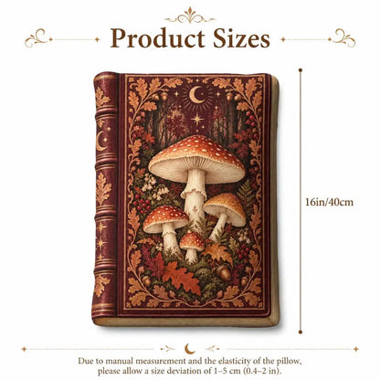 Size guide showing 16 inch / 40 cm: decorative plush pillow featuring autumn mushroom and celestial book artwork