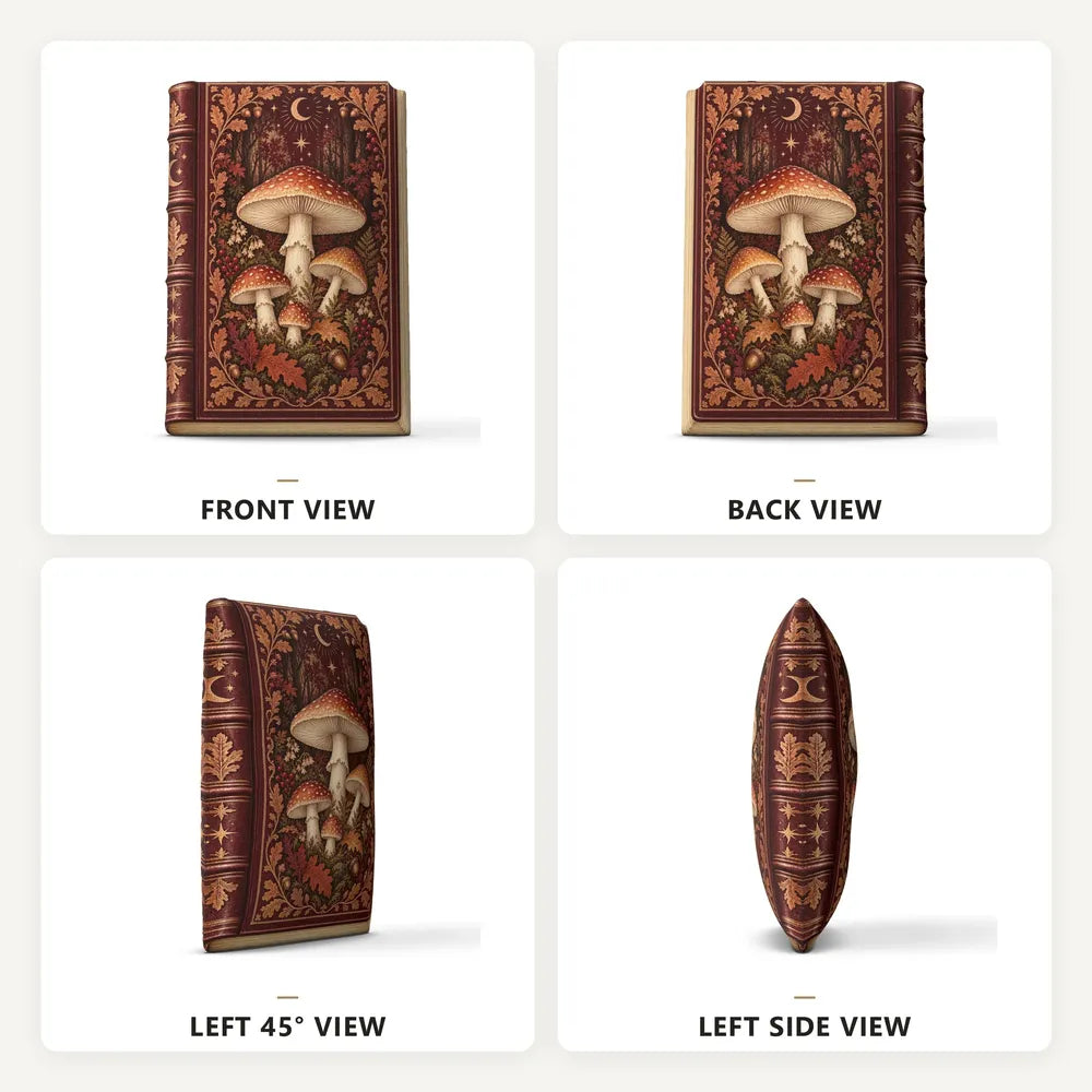 Front, back and side views: decorative plush pillow featuring autumn mushroom and celestial book artwork