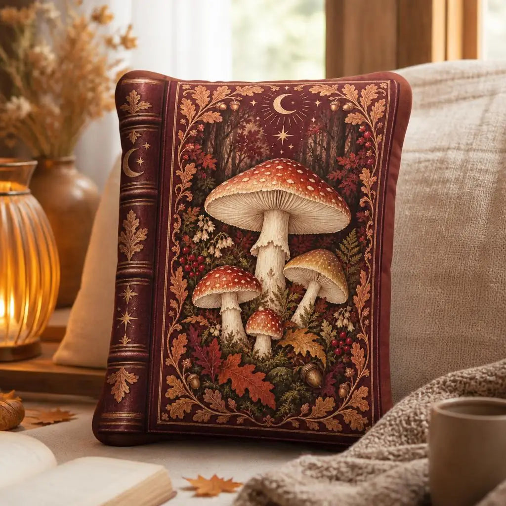 Styled room view: decorative plush pillow featuring autumn mushroom and celestial book artwork