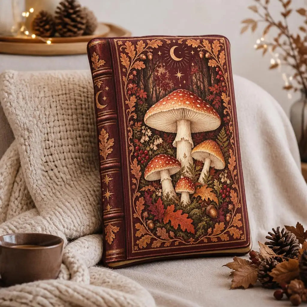 Alternate styled room view: decorative plush pillow featuring autumn mushroom and celestial book artwork