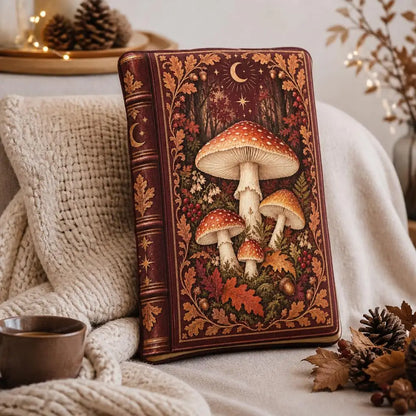 Alternate styled room view: decorative plush pillow featuring autumn mushroom and celestial book artwork