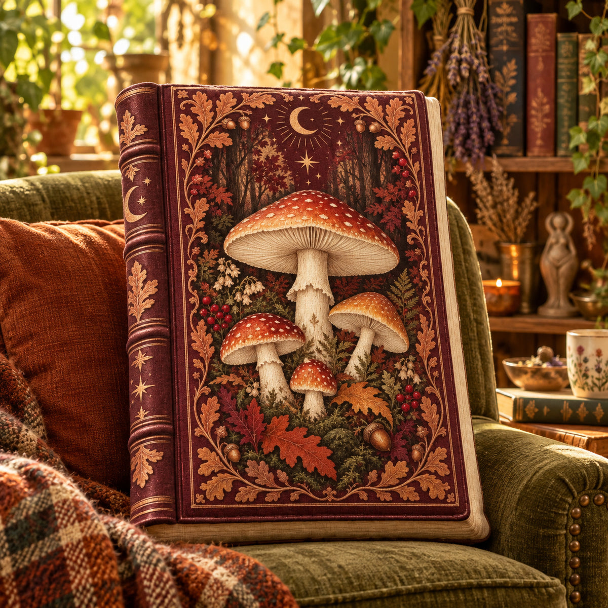 Autumn Mushroom Book Shaped Pillow in a witchy reading room