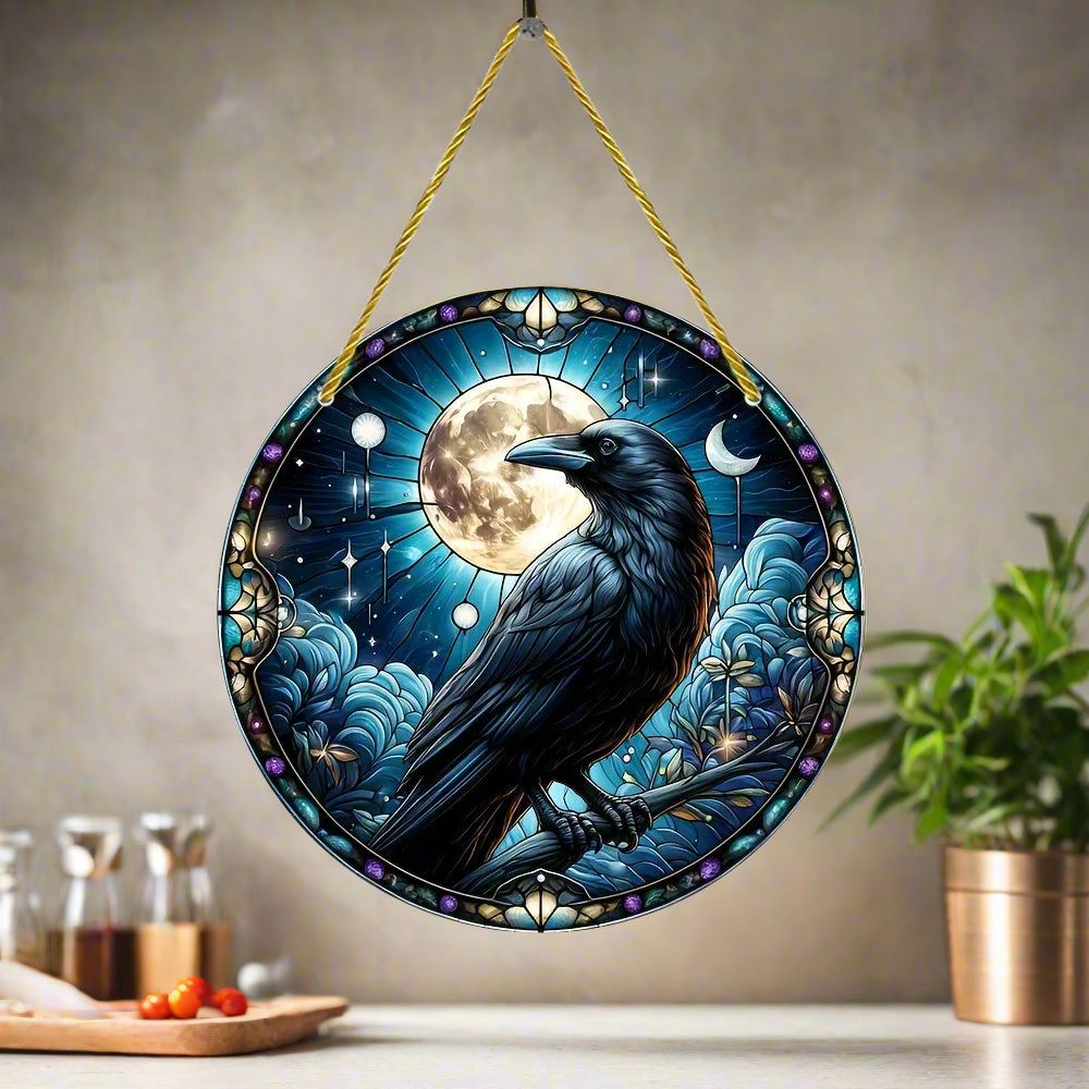 Black Raven Halloween Suncatcher Moon Crow Window Decor Gothic Home Decor-MoonChildWorld