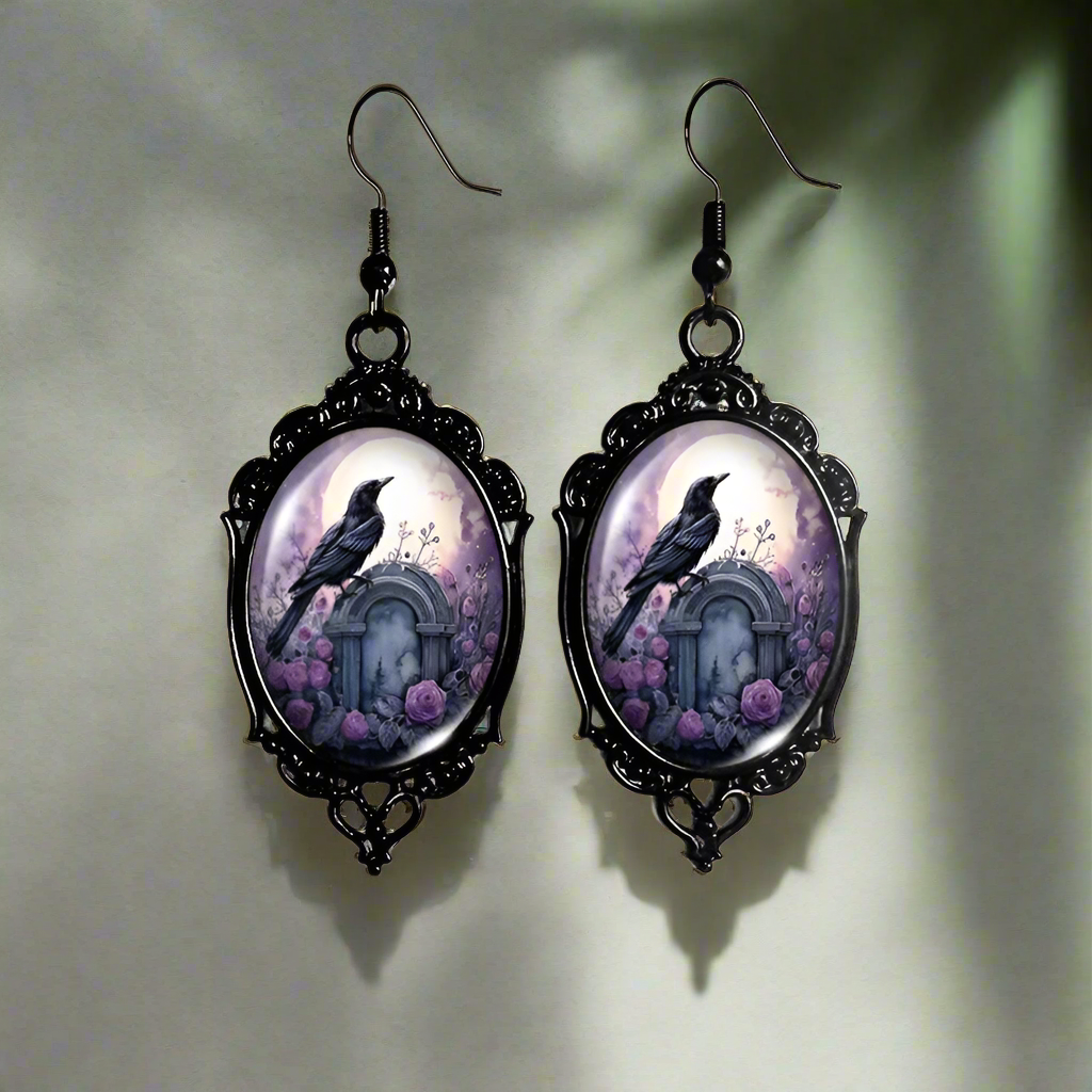 Halloween Black Raven Earrings Gothic Crow Glass Earrings Witch Jewelry-MoonChildWorld