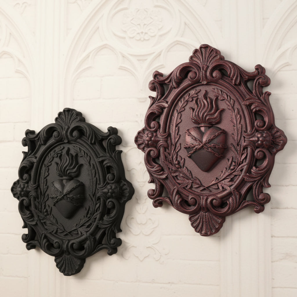 Barbed sacred heart plaque – thorn and flame carved detail close-up