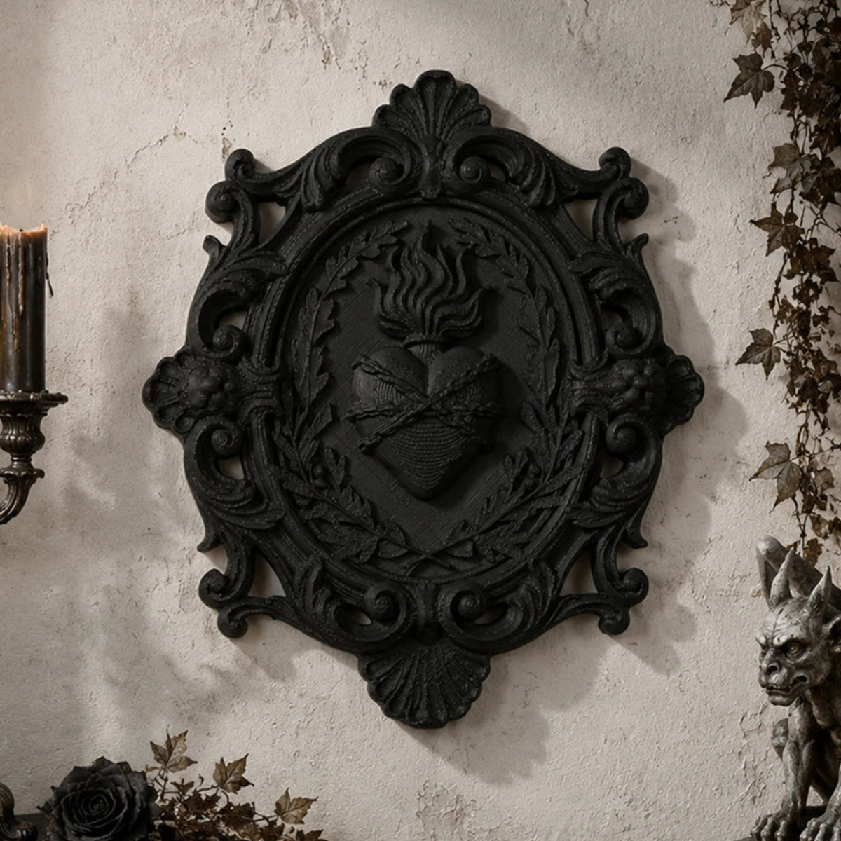 Barbed sacred heart relief wall plaque – gothic wall art decor, front view