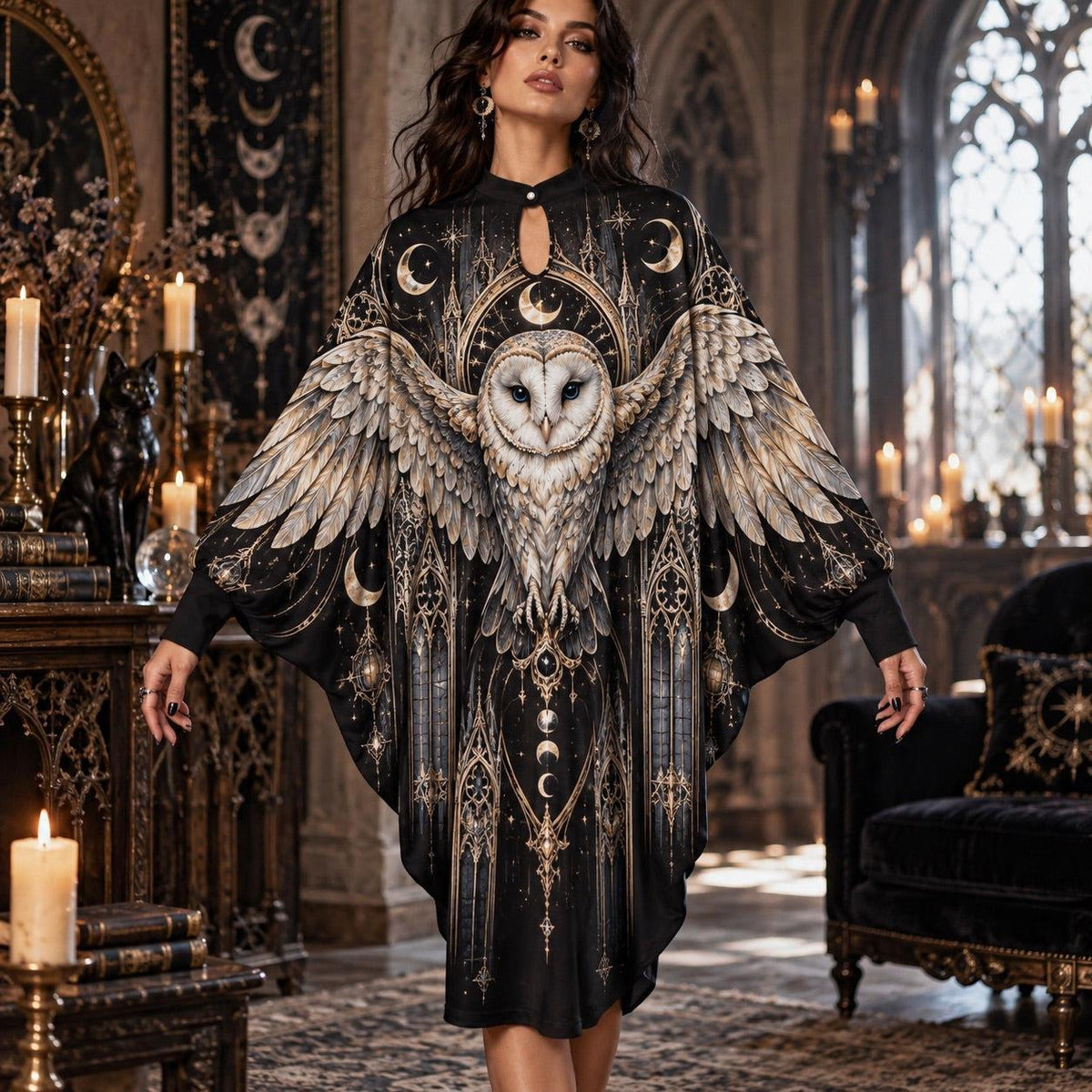 Barn Owl Lunar Cathedral Gothic Batwing Dress – Witchy Moon Midi – worn, front view