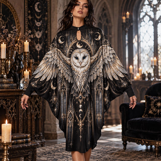 Barn Owl Lunar Cathedral Gothic Batwing Dress – Witchy Moon Midi – worn, front view