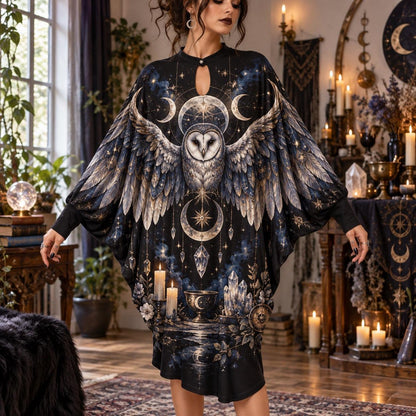 Barn Owl Moon Witchy Batwing Dress – Pagan Celestial Altar Midi – worn, front view