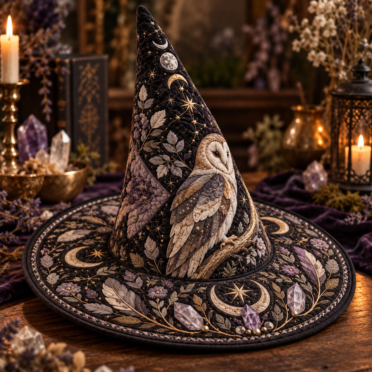Barn Owl Quilted Witch Hat – Moon Phase Lavender Wiccan Wide Brim Hat – styled with candles and crystals