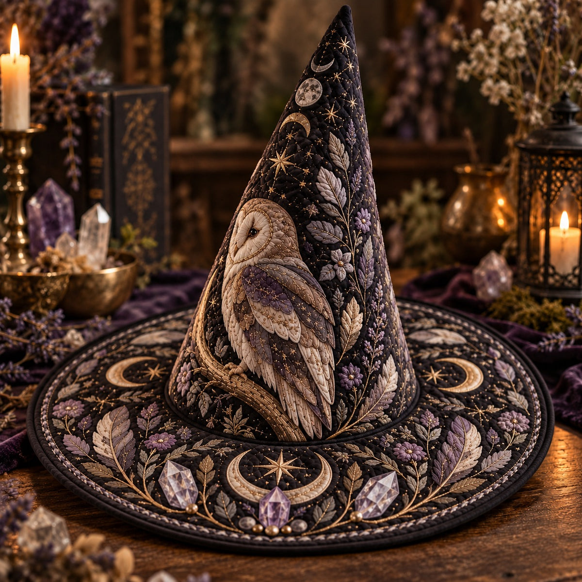 Barn Owl Quilted Witch Hat – Moon Phase Lavender Wiccan Wide Brim Hat – styled with candles and crystals