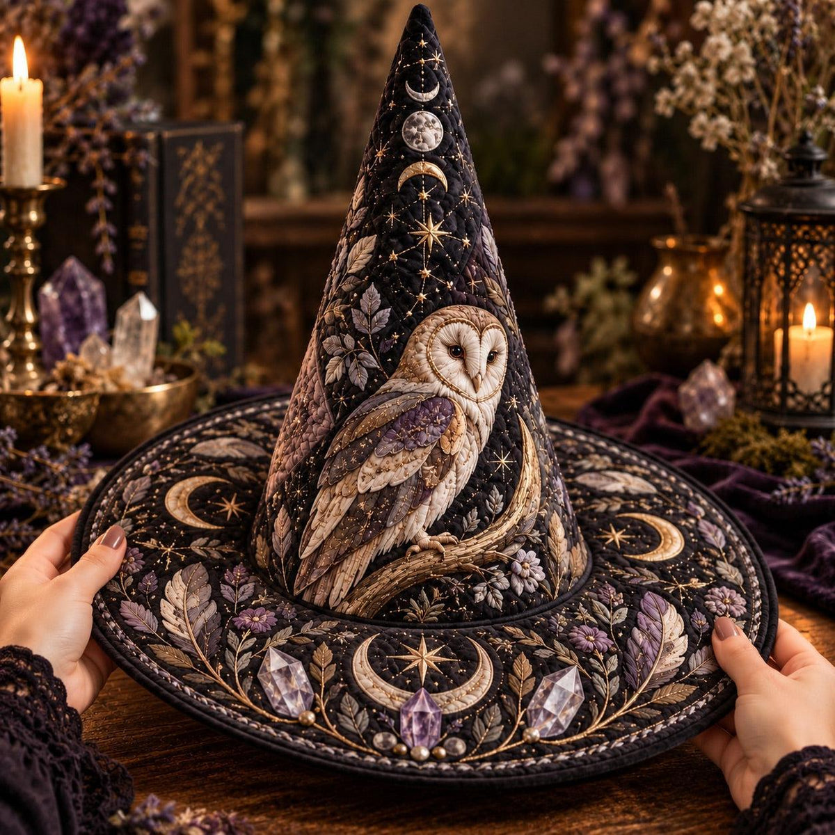 Barn Owl Quilted Witch Hat – Moon Phase Lavender Wiccan Wide Brim Hat – held in both hands