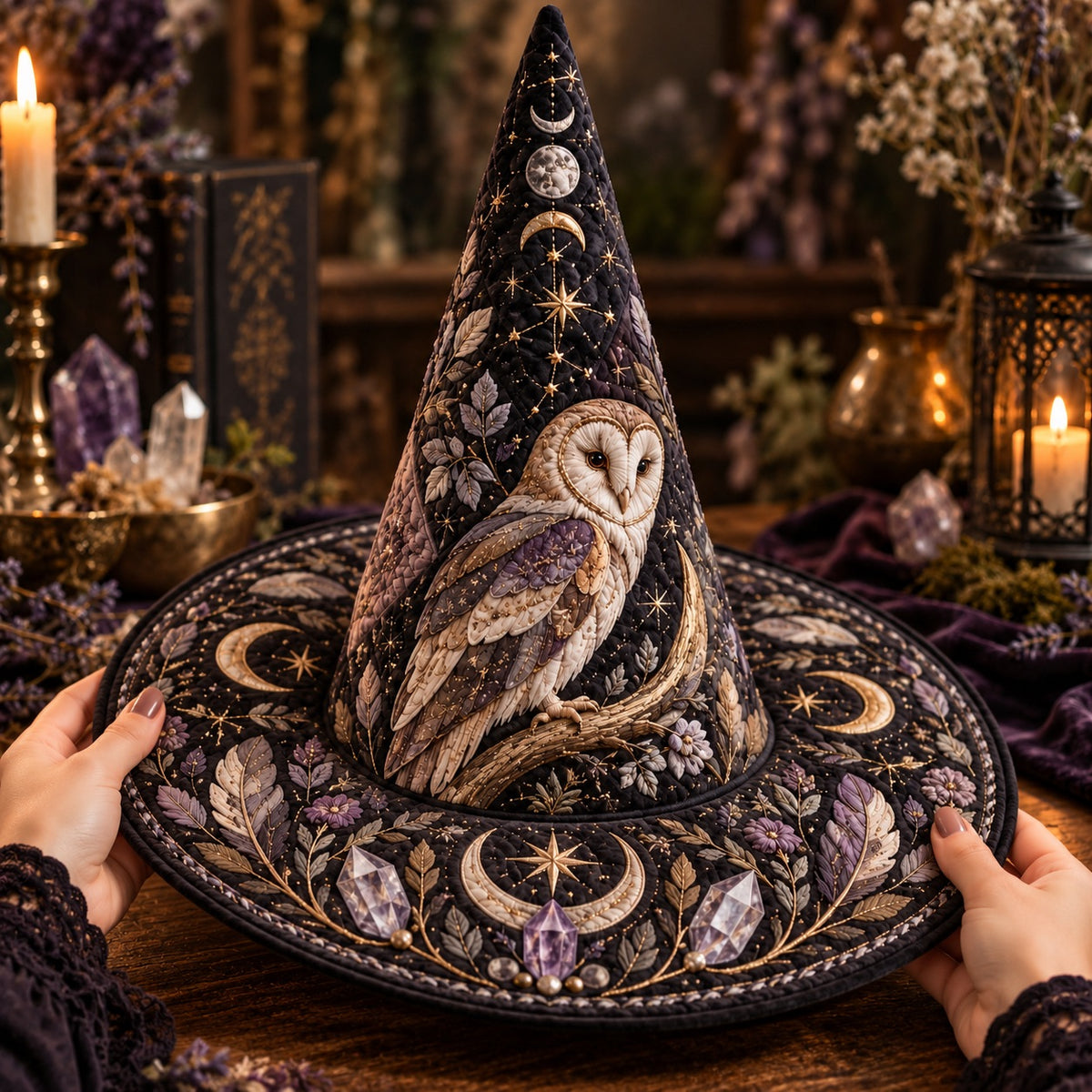 Barn Owl Quilted Witch Hat – Moon Phase Lavender Wiccan Wide Brim Hat – held in both hands