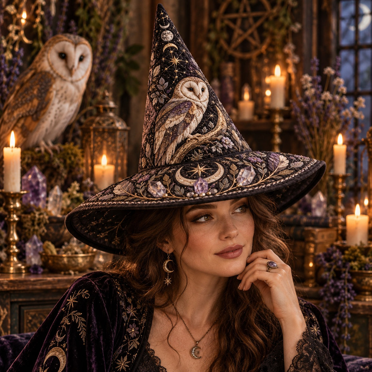 Barn Owl Quilted Witch Hat – Moon Phase Lavender Wiccan Wide Brim Hat – worn by a model
