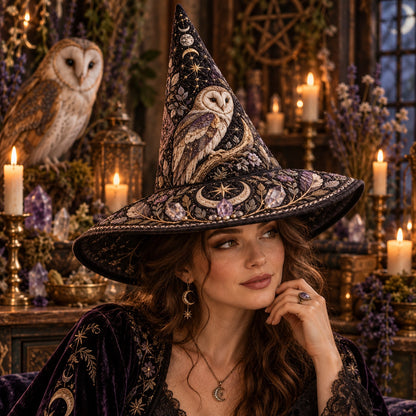 Barn Owl Quilted Witch Hat – Moon Phase Lavender Wiccan Wide Brim Hat – worn by a model