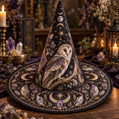 Barn Owl Quilted Witch Hat – Moon Phase Lavender Wiccan Wide Brim Hat – on an altar table