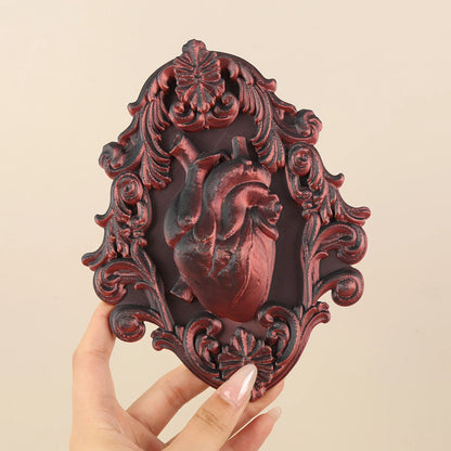 Baroque heart wall plaque – aged scroll carved detail close-up