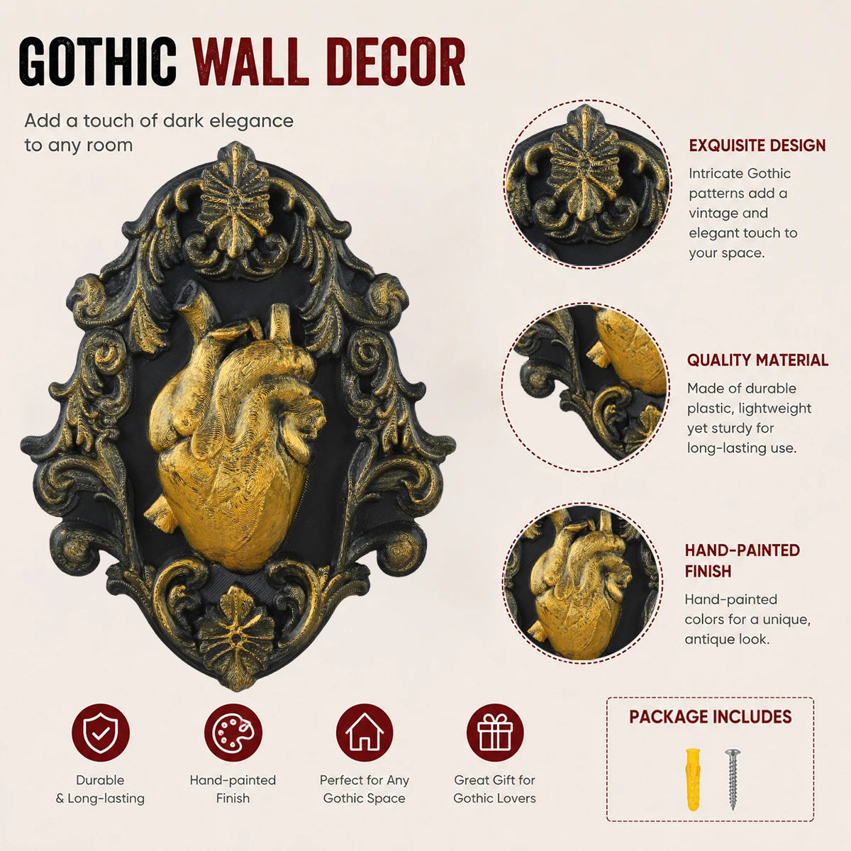 Baroque heart wall plaque – aged scroll carved detail close-up