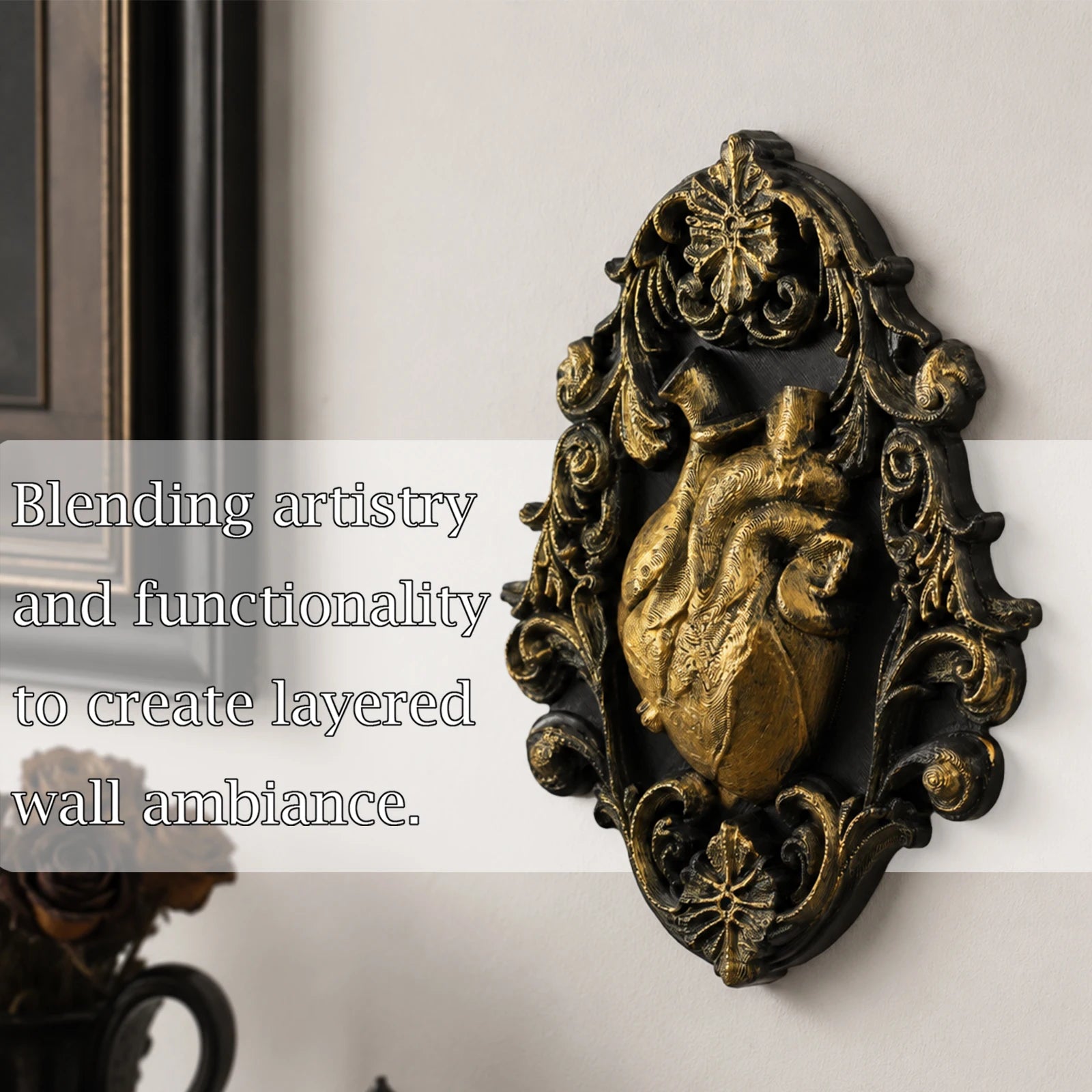 Gothic anatomical heart relief – dark baroque wall hanging side view